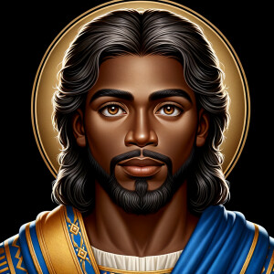 Create a African-American Christian Jesus, with brown eyes, wearing a blue and gold robe