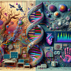 circuitry, diagrams Cellular structures, DNA, circuit boards, colorful wires,  asian and Egyptian  graffiti, lie detector graphs, cardio, printout , branches infinity sign, cave, Art, handprints, distant birds flying, flowering vines, abstract gestural painting, dna