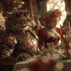 A realistic steampunk fantasy scene, ultra-detailed: the Cheshir...