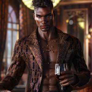 In a meticulously rendered 3D scene, a brown skin biracial man s...