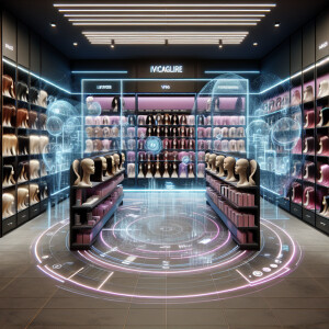 Imagine a cutting-edge beauty supply store of the future, comple...