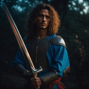 knight with t-shirt in his right hand and sword in left hand