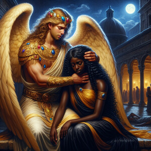 Create an oil painting image featuring a male angel and a grievi...
