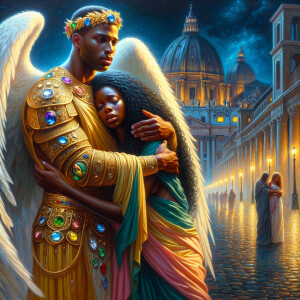 Create an oil painting image featuring a male angel and a grievi...