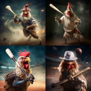 A hen hitting a baseball using a hockey stick
