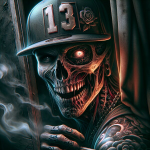 An intricately detailed Freddy Krueger, half face skull, wearing...