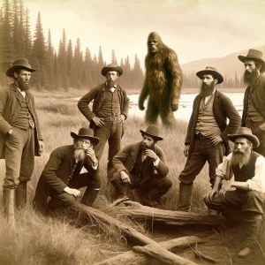 A group of 19th-century pioneers in the American West, spotting...
