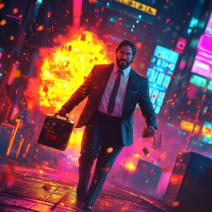 , holding a briefcase stuffed with glowing crypto coins — dramat...