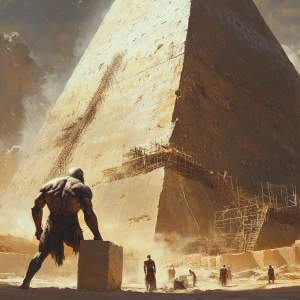 A towering giant carefully places a massive limestone block onto...