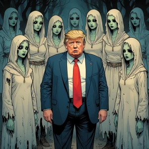Donald Trump, depicted as overweight, is met by a group of ghost...