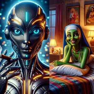 "Create a whimsical image of an alien with vibrant green skin an...