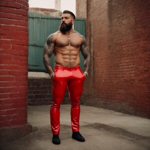 A bearded, muscular man confidently stands with his hands in his...