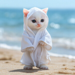 A white kitten with black eyes wearing a white Arabic Islamic ro...