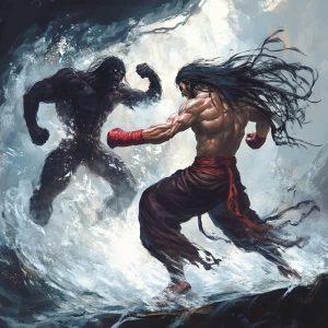 Male kick boxing monk with long hair having a shadow monster fro...