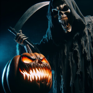 A towering Grim Reaper with sharp fangs, clad in tattered robes,...