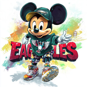 Mickey Mouse wearing a shirt with Philadelphia Eagles logo, a ca...