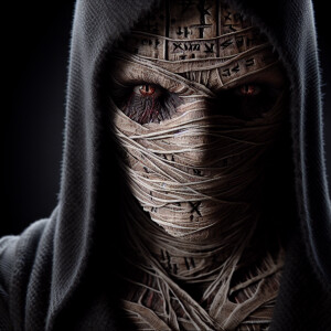 Create a hyperrealistic and cinematic close-up image of a mummy-...