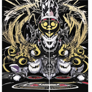 Chimera 90-x style behind a DJ stand, in crazy hat, hand drawn s...