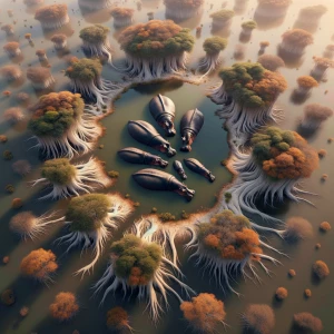 Make an aerial view of an African like with hippos. Visible from...