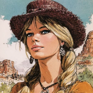 Brigitte bardot in a western movie, by milo manara