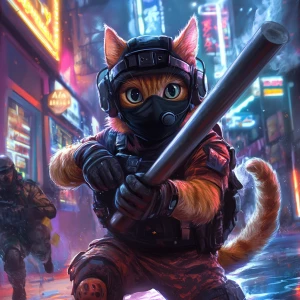 A wide-eyed ginger cat wearing a black tactical balaclava (or ma...