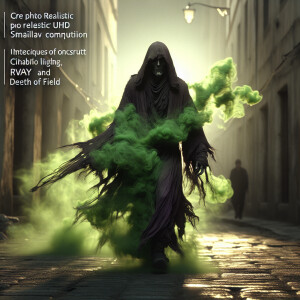 A hyper-realistic UHD image featuring "Death” wearing a tattered...