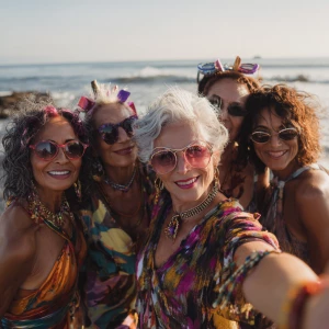 A group of stylish, middle-aged aunties, with radiant, sun-kisse...