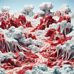 A landscape of raw meat, connective tissues and fat