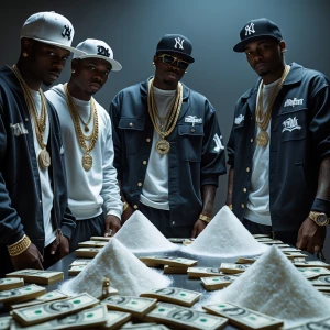 Guys dressed in hip-hop clothing and jewelry standing around a t...