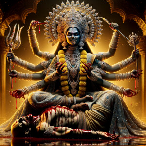 portrait of intense looking, four-armed indian goddess sitting...