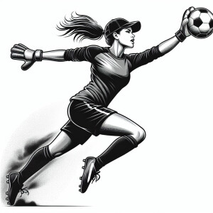 Soccer woman goalkeeper in the cap catching the ball monochrome...