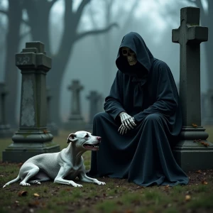 Create a realistic photo-style image of the Grim Reaper seated s...