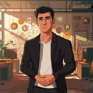 A character stands in a room presenting cryptocurrency to bored...