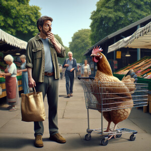 A man visits a local farmers' market to purchase chicken for his...