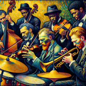 A portrait of a jazz band, featuring Kenny G, on stage in front...