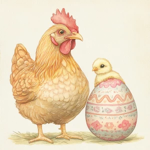 A hen and a chick, depicted in a detailed watercolor style. The...
