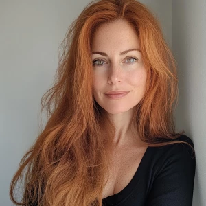 45 year old beautiful female with long ginger hair, petite, wear...