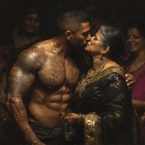 Realism,photo painting.a muscular beefy sweaty tattoed indian ma...