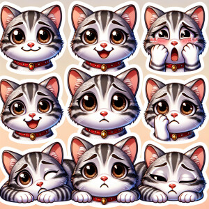 Create a sticker pack for me featuring a cute gray-and-white kit...