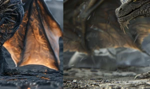 Hyperrealistic, photo-real dragon — Vezonar, massive ash-black m...