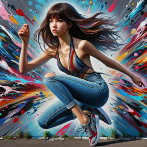 teenage girl, long brown hair and bangs, wearing tight skinny jeans and a halter top paint marks on her clothing, heroic pose Asian graffiti background, nearing on one knee