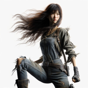 Skinny and thin Asian teen girl wearing skin tight jeans that are worn and frayed, long hair and bangs heroic ready to fight stance