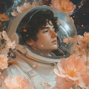 A young man inside a space helmet, 
gazing thoughtfully. he has...
