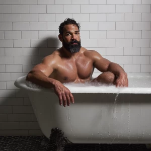 A bodybuilder man is sitting in a old style bathtub that is whit...