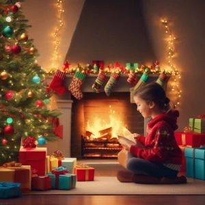 A festive scene of a cozy fireplace with stockings hung, a decorated Christmas tree glowing with string lights, and a child peeking at a pile of colorful presents.