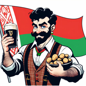 Armenian man with pint Guinness and potatoes and flag Belorussia...