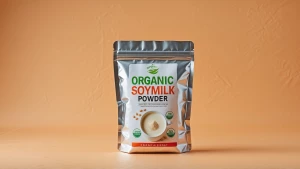 Create an image of organic soymilk powder in an aluminum bag pac...