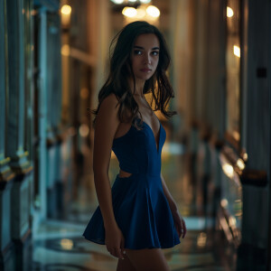 Fair-skinned woman with dark long hair, elegant and composed, wa...