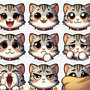 Create a sticker pack for me featuring a cute gray-and-white kit...