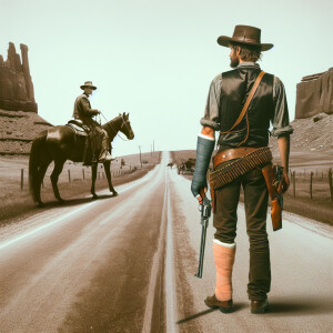 An old west cowboy standing in the middle of the road, in the m...